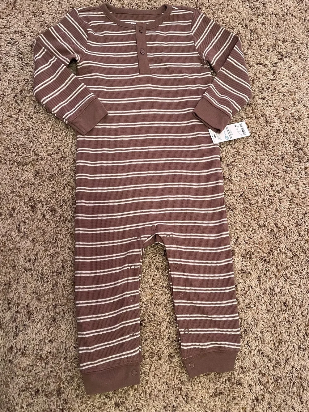 Carter’s Brown & White Striped Waffle Knit Henley Coverall One-Piece 18M
